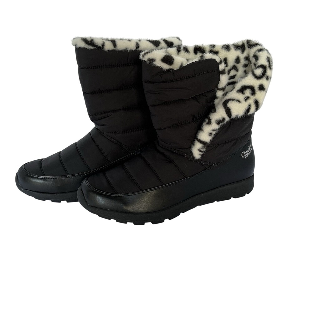 Tony Little Cheeks Puffer Snow Boots Black‎ Snow Leopard Women's 12M Winter Warm